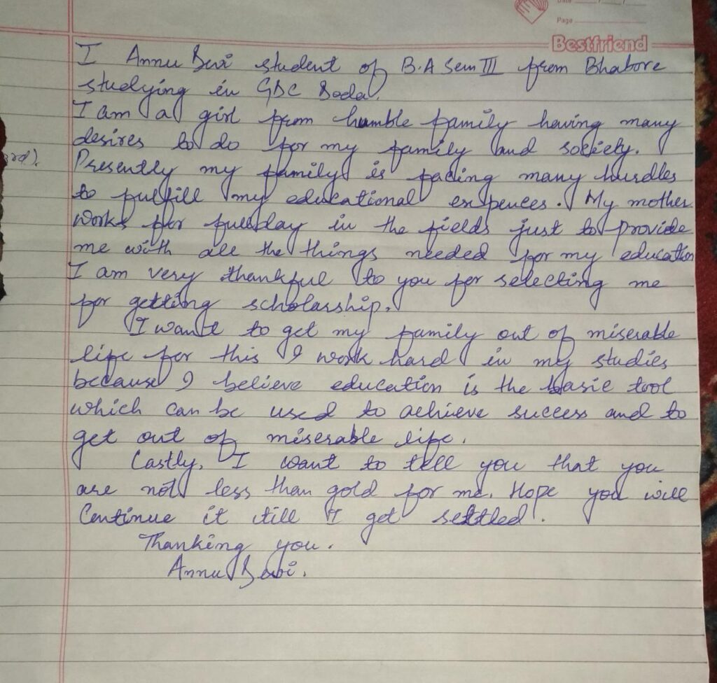 Handwritten student thank-you letter on lined paper