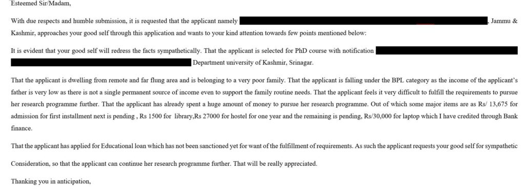 Document scan of a scholarship support letter related to education funding in Jammu and Kashmir